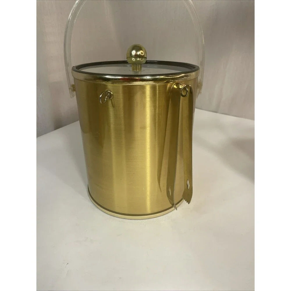 2 Vintage Gold Silver Ice Buckets Plastic, Clear Lid, Tongs Made In Taiwan